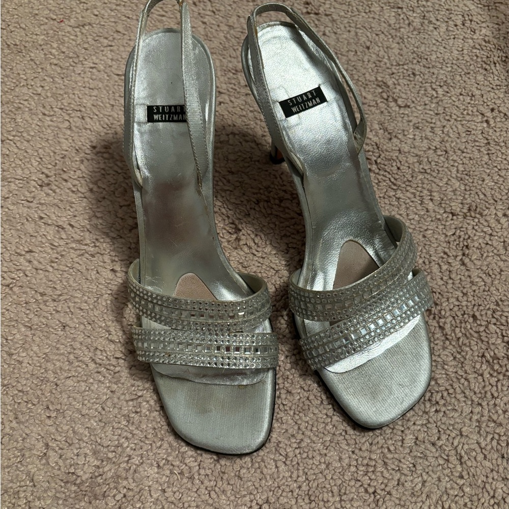 Vintage Stuart Weitzman Silver Rhinestone Women's Sandals Slingback heels 8 (7)